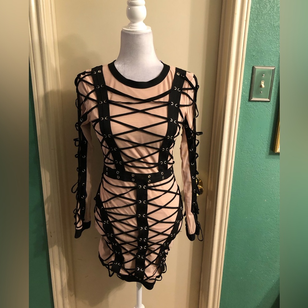 Herve Leger Black Nude Long Sleeve Lace- Up Mesh Dress